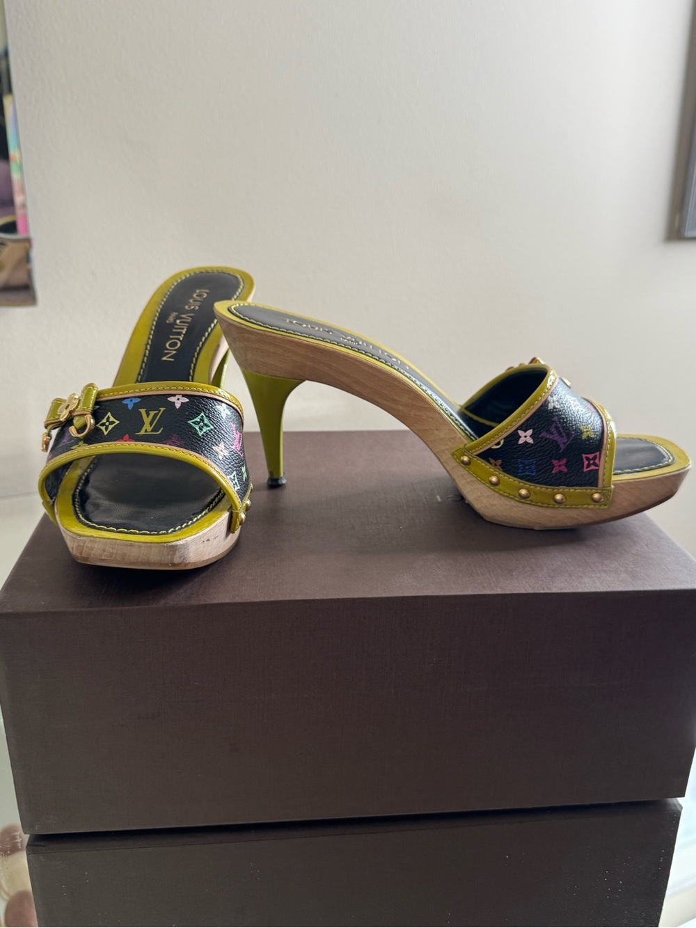 Louis Vuitton Black Muralami Multicolor Monogram Heel Mules with Lime Trim